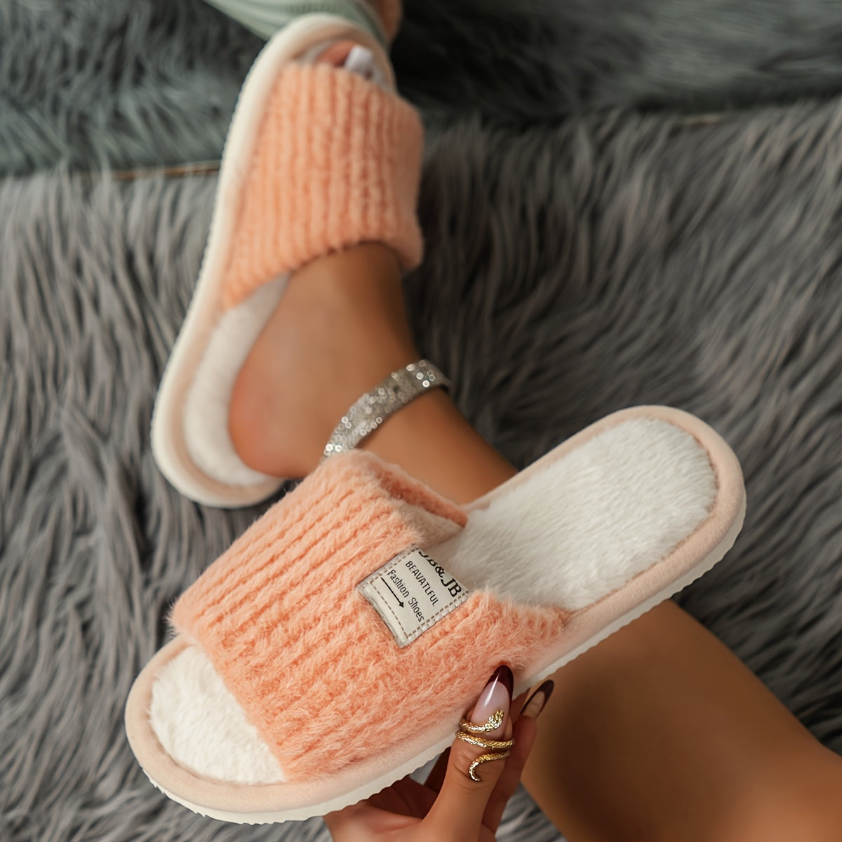 JB Brand Open-Toe Slippers for Women, Cozy Plush Home Footwear for Couples in Spring And Autumn.